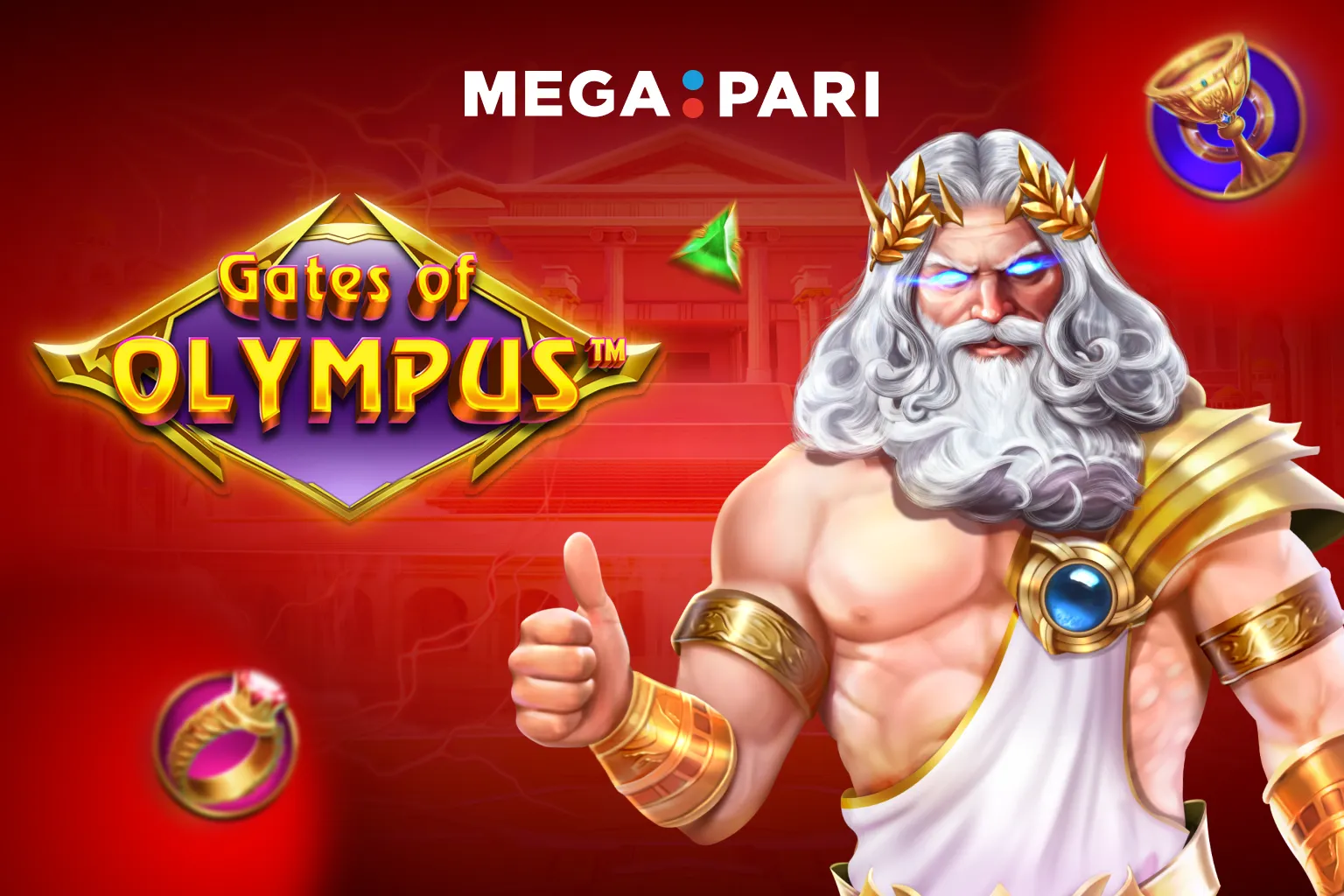 Megapari Gates of Olympus oyunu için antik Yunan temalı bir dijital illüstrasyon