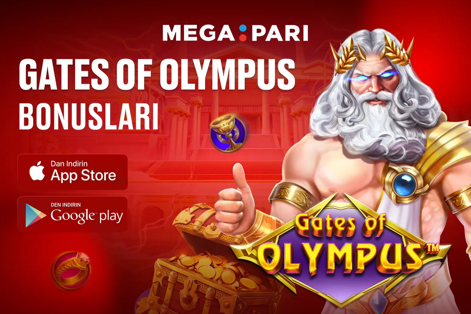 Megapari Gates of Olympus slotu için promosyonlar ve bonus tekliflerini simgeleyen dijital illüstrasyon