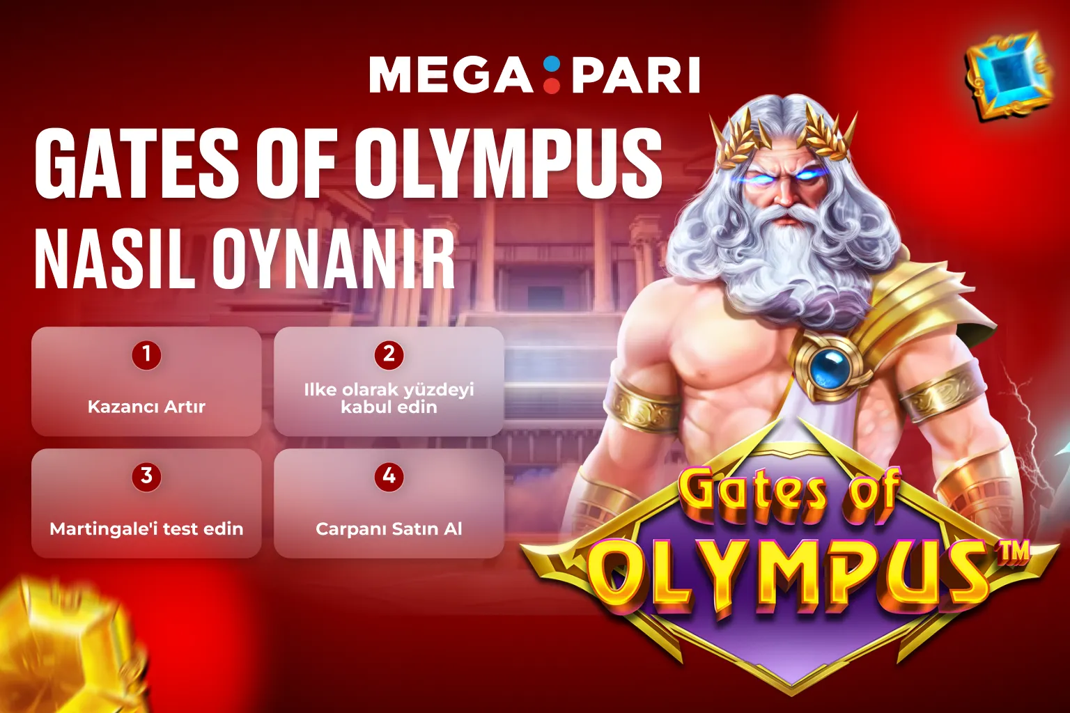 Megapari Gates of Olympus slot oyun stratejilerini açıklayan görsel